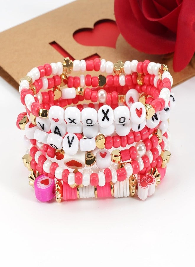 Lonext Valentine’s Day Bracelets Sweet Charms Beaded Stretch Bracelet for Women Rose Flower Love Heart Bracelets Set for Valentine’s Day - Image 4